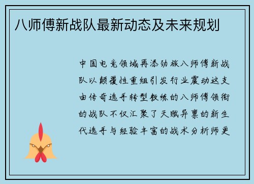 八师傅新战队最新动态及未来规划