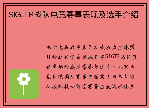 SIG.TR战队电竞赛事表现及选手介绍